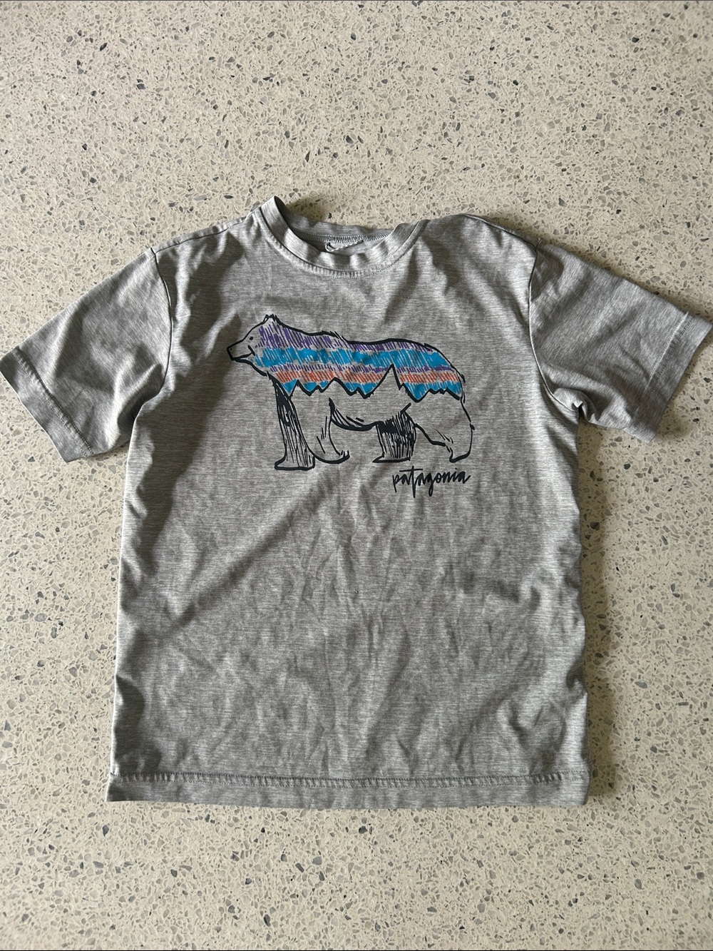 Patagonia Kids Short-Sleeve Bear Tee in Gray with Blue & Purple Stripes